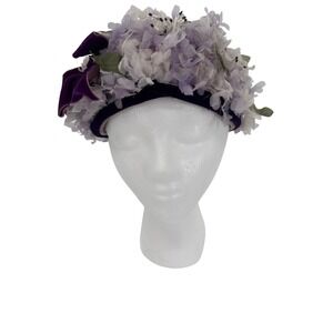 Lazarus‎ Paris Floral Pillbox Hat Womens Purple Vintage Velvet Bow Lace Lined